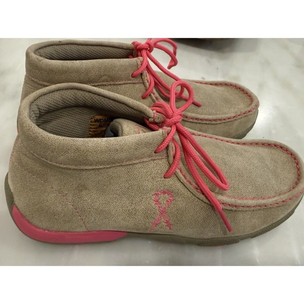 Twisted X Driving Moc Shoes Womens 6.5M Beige Leather Breast Cancer Chukka Boots